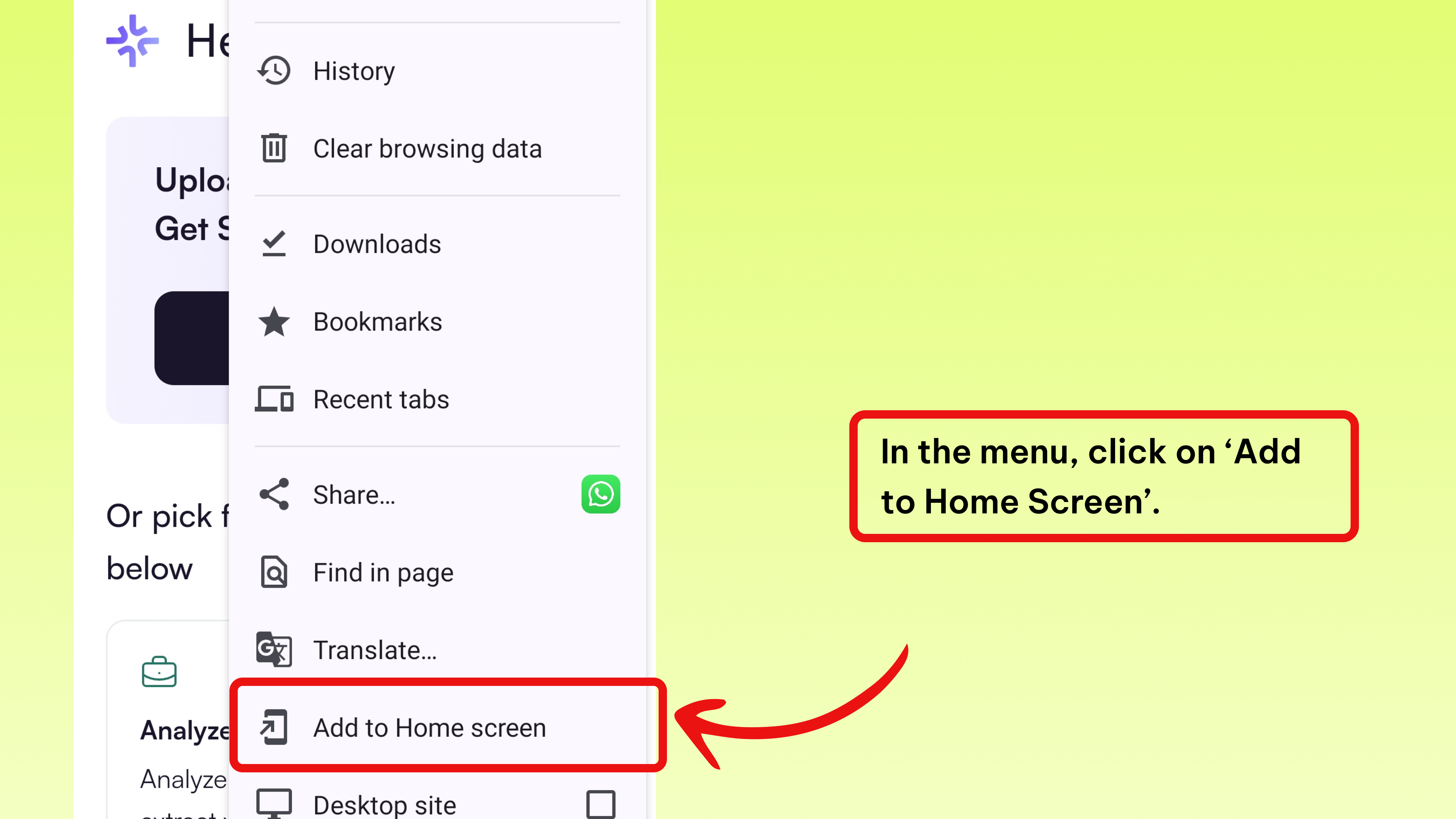 Image: Clicking on the 'Add to Home Screen' option